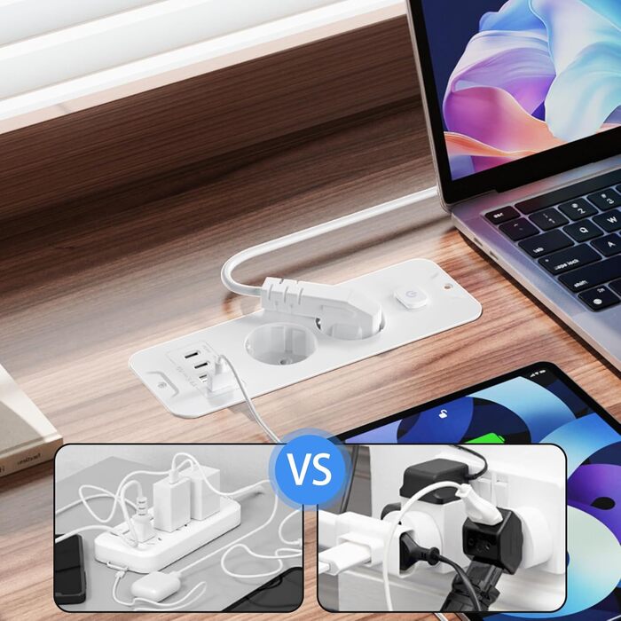 Мережевий фільтр 5-портовий з індивідуальним вимикачем, розгалужувач з 2 USB-A та 2 USB-C, мережева розподільча коробка з вимикачем, мережевий фільтр настінний з 2м кабелем, PD 20W - (2 розетки, 4 USB, білий)