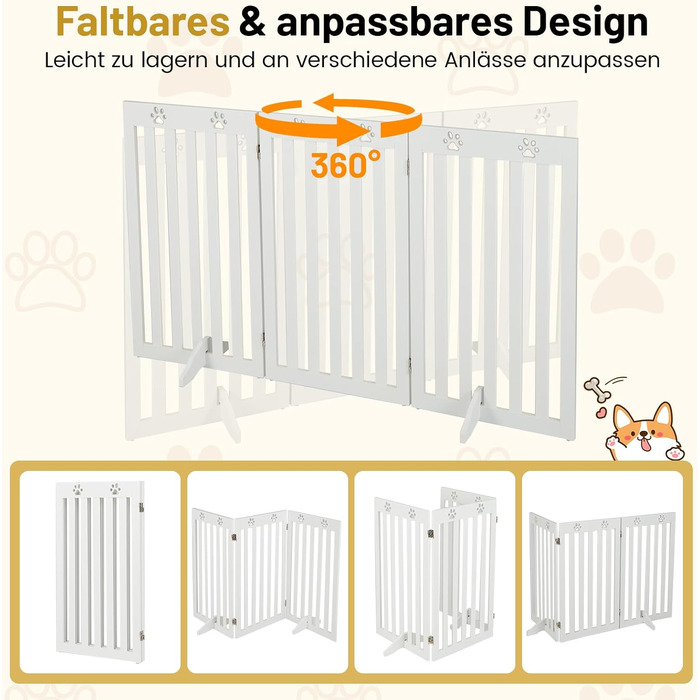 Захисний бар'єр для собак Costway 89 см, дерев'яне огорожа, дитяче ворота, розкладне, для захисту сходів, гнучкий бар'єр (3 панелі, білий)