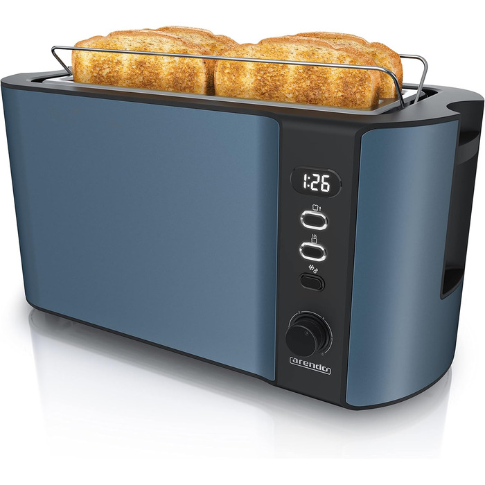 Тостер Arendo з нержавіючої сталі, 4 слоти, підігрів, підігрів тостів, підставка для бургерів, зйомка крихт, дисплей, темно-синій