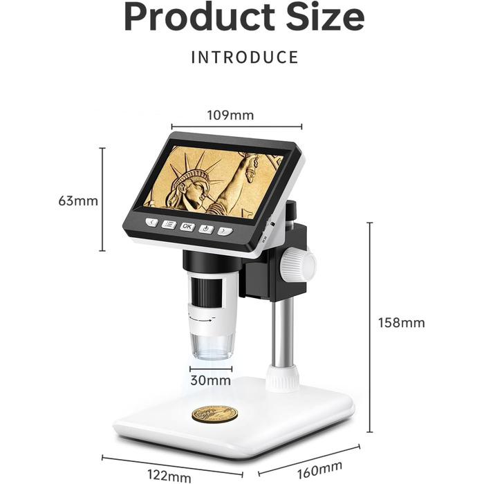 Цифровий мікроскоп AOPICK з LCD екраном, 50X-500X, 4.3 дюйми, 1080P, USB, 8 LED, для дорослих/дітей, сумісний з MacOS Windows (білий)