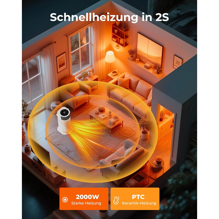 Електричний обігрівач 2000W з PTC-керамічним нагрівачем, тихий, з пультом керування, таймером, поворотним механізмом 70°, LED-дисплеєм для офісу, спальні, ванної кімнати, дому (білий)