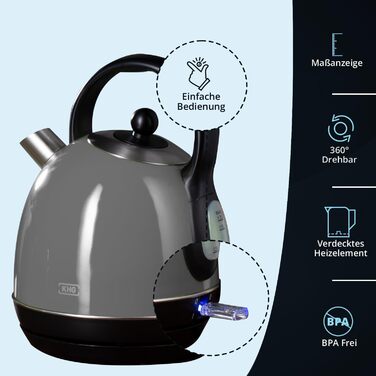 Електричний чайник KHG WK-1711 Retro, зелений, 1.7 л, нержавіюча сталь, з фільтром від накипу, індикатором рівня води, захистом від сухого кипіння та автоматичним вимкненням, прихований нагрівальний елемент, BPA-free, 2200 Вт