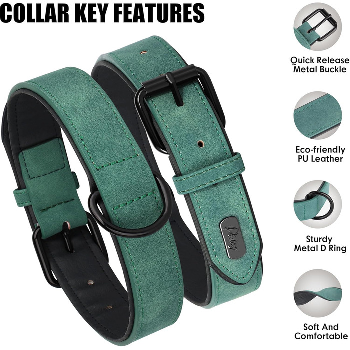 Нашийник для собак Didog з м'якої шкіри, регульований, нержавіюча сталь, L (30-38 см, 6-10 кг, зелений)