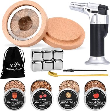 Набір для копчення коктейлів та віскі MKNZOME: 4 коптящі насадки, тирса, аксесуар для віскі та коктейлів, подарунок для чоловіків