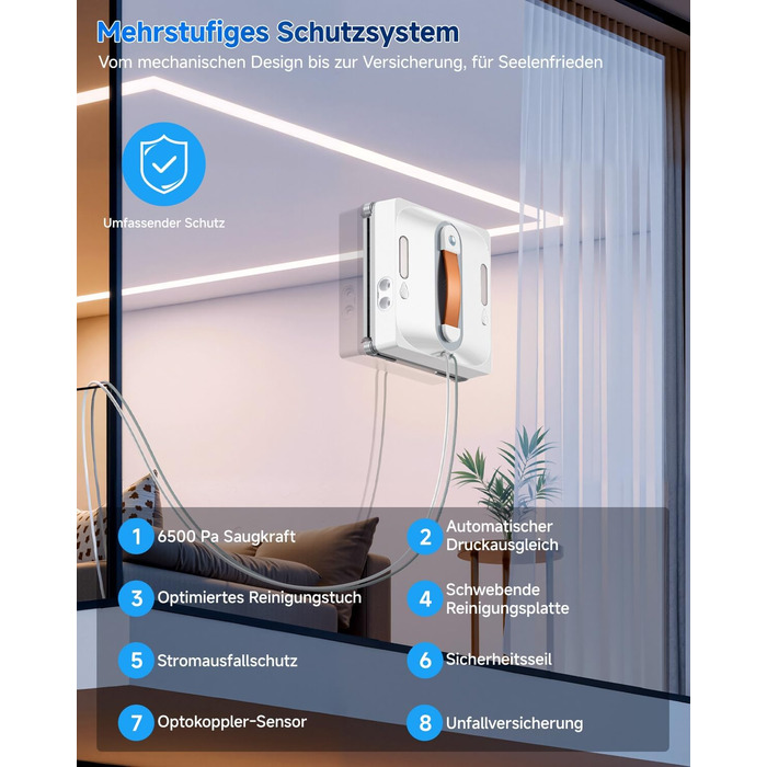 Робот для миття вікон Fensterputzroboter 6500 Pa: з розпилювачем, плануванням маршруту, резервуаром 80 мл, 8 рівнями безпеки та датчиком краю, для внутрішніх та зовнішніх вікон