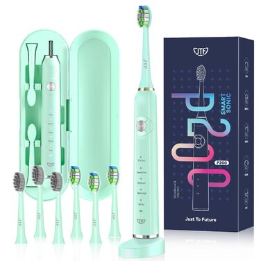Електрична звукова зубна щітка JTF з 6 насадками 40000 VPM, 5 режимів, IPX7, таймер 2 хв, зелена
