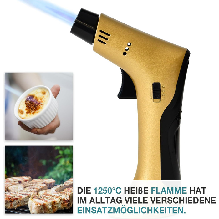 Набір кулінарного пальника TOM Jetflame (Золотий) з балоном бутану: професійний газовий пальник з замком безпеки для кухні, кемпінгу та майстерні, багаторазовий
