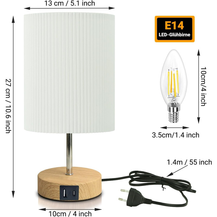 Торшер з кабелем, торшер з сенсорним керуванням, регульована яскравість, 3 рівні, настільна лампа для робочого столу, мінімалістична лампа для нічного столика, спальні, вітальні, подарунок (циліндрична, 1 шт.)