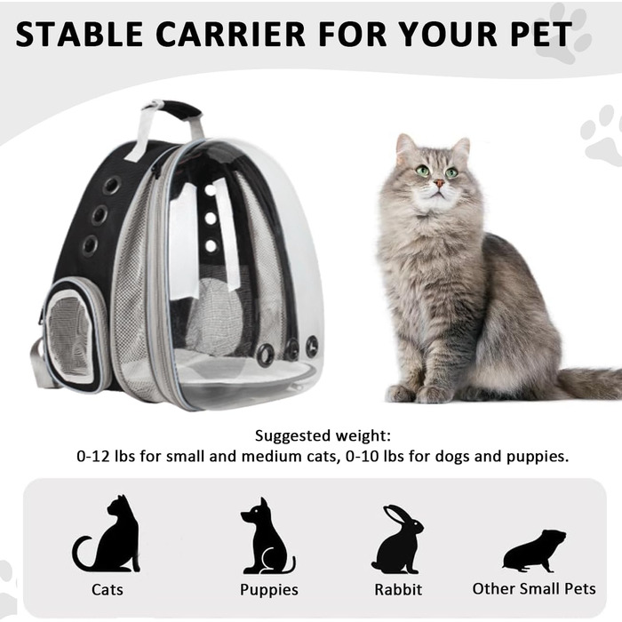 Розширюваний рюкзак для кота та маленької собаки, рюкзак-переноска з прозорим вікном та блискавкою, для подорожей та походів (розширюється ззаду), чорний колір