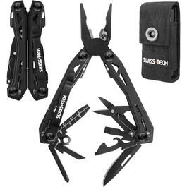 Мультитул Swiss+Tech 16 в 1 з нержавіючої сталі, мультифункціональний інструмент з ножем, відкривачкою та кліпсою для ременя, для кемпінгу та ремонту, з чохлом, чорний
