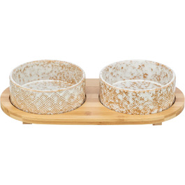 TRIXIE Ceramic & Bamboo Dog Bowl Set - 800ml, for Small & Medium Dogs, Dishwasher Safe, Durable