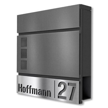 Поштова скринька Metzler Svena з нержавіючої сталі RAL 9007, з вікном для газет та іменним шильдиком (вирізаний номер будинку), 37x37x10.5 см