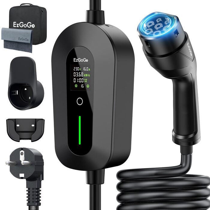 Кабель для зарядки електромобіля EzGoGo Type 2 Schuko 3.68 кВт, 10 м, 1 фаза, 6-16A, з LCD-дисплеєм та захистом IP65