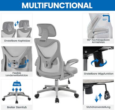 Офісний крісло Yaheetech ергономічне, з підйомними підлокітниками, поворотне з підголівником, для керівника, з функцією гойдання, до 136 кг, сірий