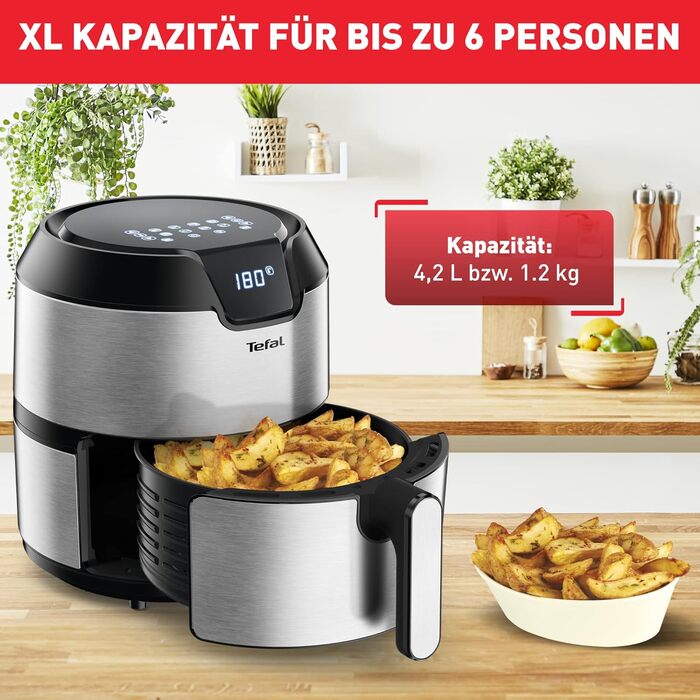 Аерофритюрниця Tefal Easy Fry Deluxe XL EY401D, 1500 Вт, 4,2 л, 8 програм, цифровий дисплей, енергозберігаюча, без олії, нержавіюча сталь