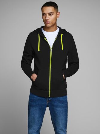 Чоловіча толстовка-худі на блискавці Jack & Jones Jjehomen Noos, Regular Fit, чорна з жовтими елементами, розмір XXL