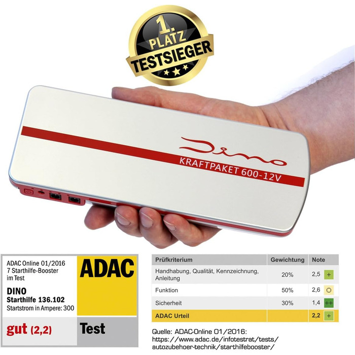 Портативний пусковий пристрій Dino KRAFTPAKET 12V-600A: для авто, мотоциклів та човнів. Підтримка різних типів акумуляторів (свинцево-кислотні, GEL, EFB, AGM). Ємність 66.6Wh, 18000mAh.