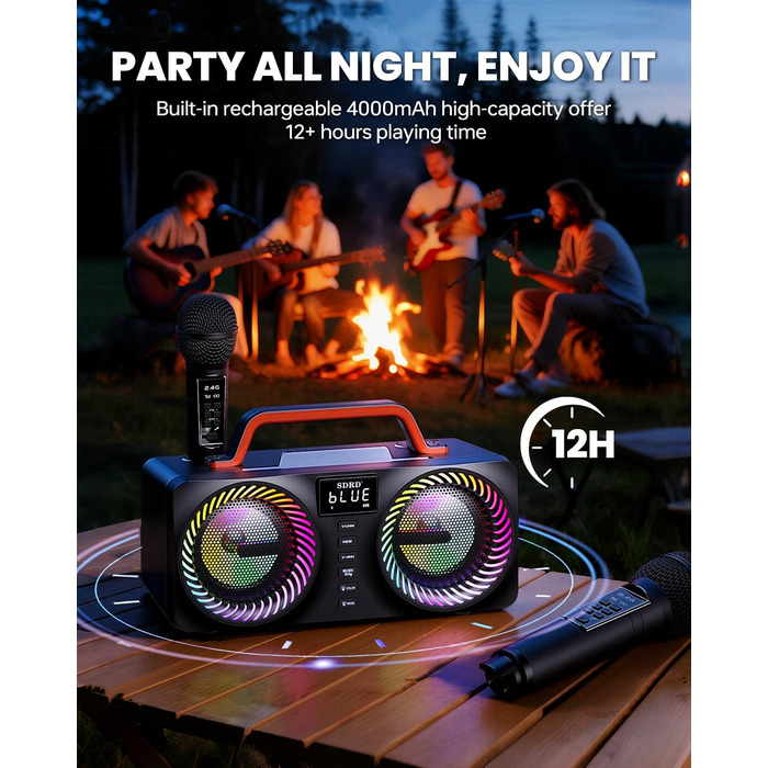 Караоке-машина для дорослих та дітей, портативна Bluetooth-система 80W – 2 бездротові мікрофони, регулювання ехо, USB/AUX-роз'єми, ідеальний подарунок для вечірок на природі
