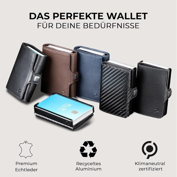 Гаманець чоловічий PURISTO KLIK Classic Slim з відділом для монет - мініатюрний гаманець з натуральної шкіри з RFID-захистом для 10-14 карт - карбоновий дизайн