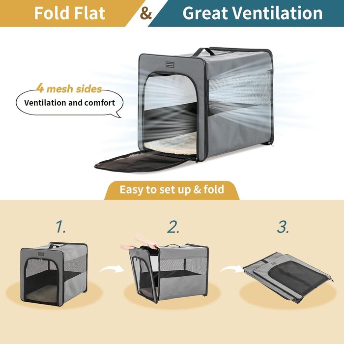 Транспортна переноска для собак Petsfit, сіра, M (61x46x53.5 см) з м'якою підстилкою
