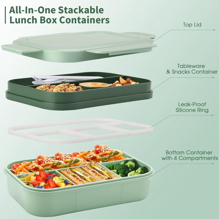 Ланчбокс Sinnsally для дорослих, 2000 мл з відділеннями, бенто-бокс, ланчбокс з посудом, виїздний ланчбокс, виїздний ланчбокс, герметичний ланчбокс, ланчбокс для сніданку, зелений