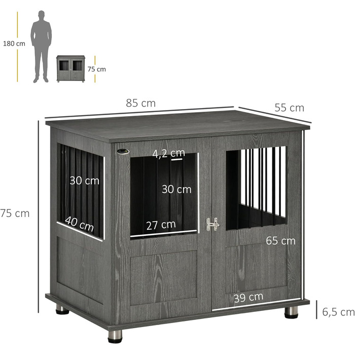 Клітка для собак PawHut - переноска для домашніх тварин, хатинка для собак, вольєр з замком, магнітною дверцятами, вікном, для собак малих та середніх порід, сірого кольору, 85 x 55 x 87 см