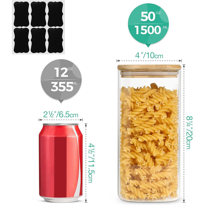 ComSaf 1500ml Storage Jars with Lid 3-Piece Set, Large Glass Containers Φ10cm Storage Containers Glass, Airtight Storage Jars for Storing Kitchen Ingredients, Storage Jars for Spaghetti, Pasta, Noodles, Flour