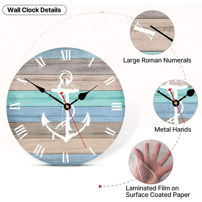 Toudorp Wall Clock Wooden French Country Style Silent Wall Clock Easy to Read Battery Operated Home Decorative Retro Wall Clock (Nautical Stripe Anchor, 12 inches)
