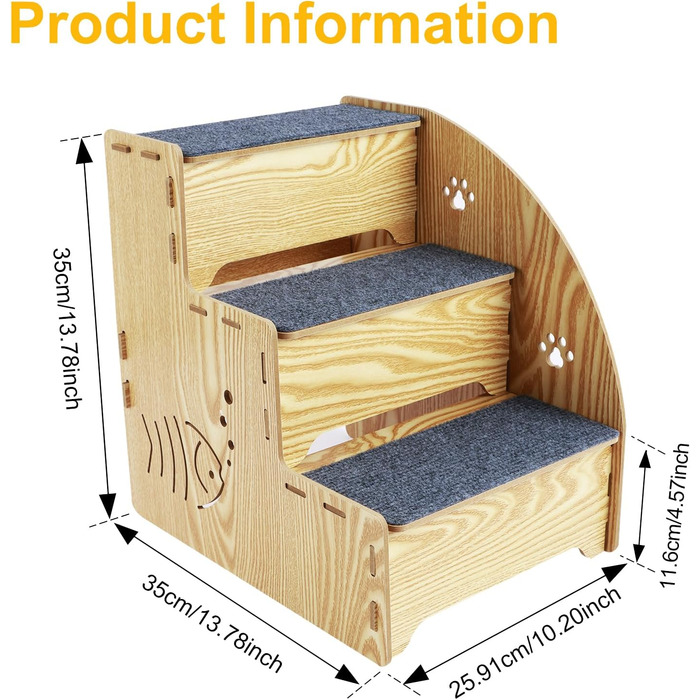 Сходинка для котів та собак з натурального дерева, 3 сходинки, 35 см, стабільна та неслизька