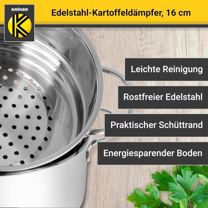 Каструля-пароварка для картоплі Krüger з нержавіючої сталі з кришкою, біо-пароварка з зручним краєм для виливання та енергозберігаючим капсульним дном, 16 см