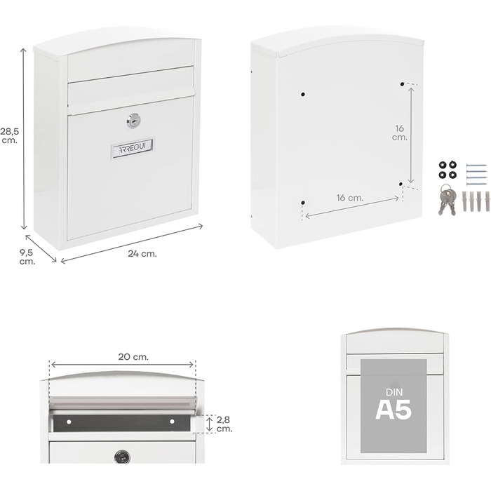 Поштовий ящик ARREGUI Compact E5731 сталевий, білий (S, DIN A5), настінний, водонепроникний, з табличкою для імені, 2 ключі, легкий монтаж