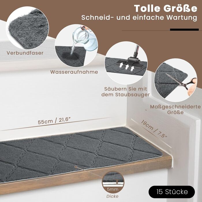 Килимочки на сходи без самоклеючого шару, 15 шт., антиковзаючі, нарізаються, багаторазові, для захисту дітей, літніх людей та домашніх тварин (темно-сірий, 55 см x 19 см)