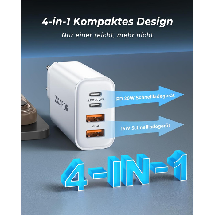 Мережевий адаптер ZKAPOR 40W з 4 USB-портами: швидка зарядка PD+QC для iPhone 16/15/14, Samsung Galaxy, Huawei, iPad