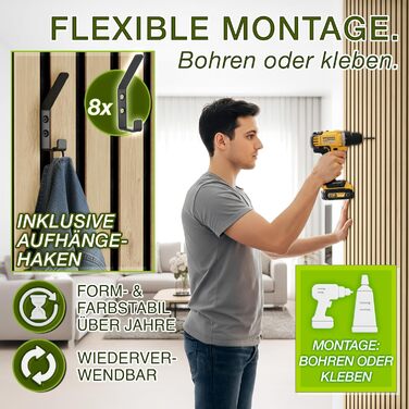 Акустичні панелі TRESKO з дерева 120×60x2,1 см (4 шт), світлий дуб — 3D стінові ламелі для шумоізоляції з вішаками для одягу