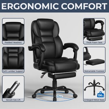 Ергономічне крісло Yaheetech для офісу, керівника з підставкою для ніг, регульовані підлокітники, комп'ютерне крісло з високою спинкою, чорне
