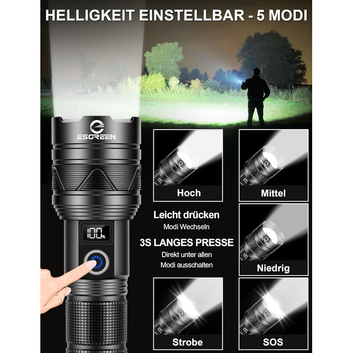 LED ліхтарик Esgreen 500000 люменів - тактичний, потужний, з USB-C, зумом, 5 режимів, для кемпінгу та безпеки