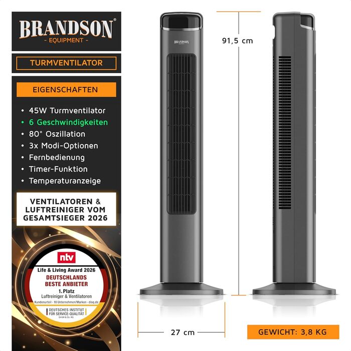 Вентилятор підлоговий Brandson надтихий з пультом: 6 режимів, нічний режим, імітація природного бризу, для спальні та вітальні