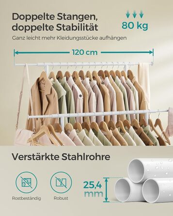SONGMICS Clothes Rack with 2 Clothes Rods, Extendable Wardrobe Rail, with Wheels, Coat Rack, Height Adjustable between 113 and 180 cm, Lower Rod Adjustable, LLR401R01 (Cloud White, 120D x 50W x 156H cm)