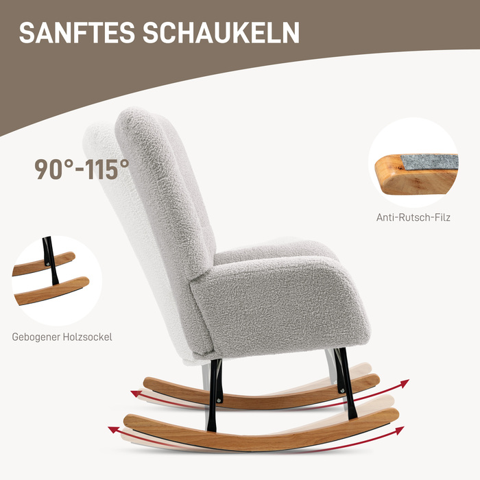 HOMCOM Rocking Chair, Rocking Armchair with Armrests, Teddy Velvet-Look, Relaxing Chair with Wooden Skids, Swivel Chair Silent Chair for Bedroom, Living Room, Light Grey | Aosom