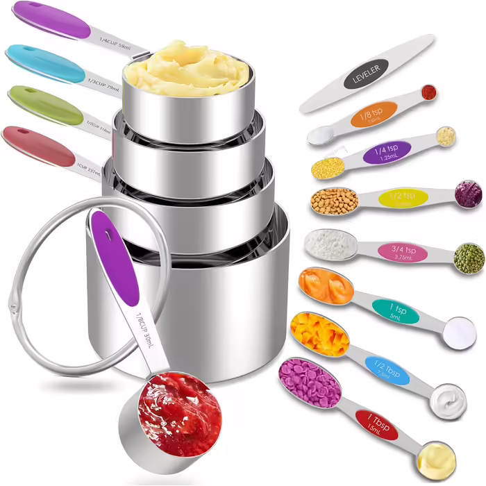 Measuring cups and magnetic measuring spoons, 5 stainless steel measuring cups with easy-to-read markings, 7 double-sided, stackable magnetic measuring spoons, and 1 leveler, multicolored