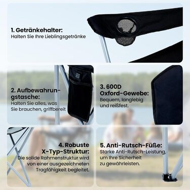 Кемпінговий стілець розкладний (до 200 кг) з подушкою 6 см - великий стілець для риболовлі, кемпінгу, саду та фестивалів. Міцний стілець з бічними кишенями та сумкою для транспортування (чорно-сірий, поодинокий)