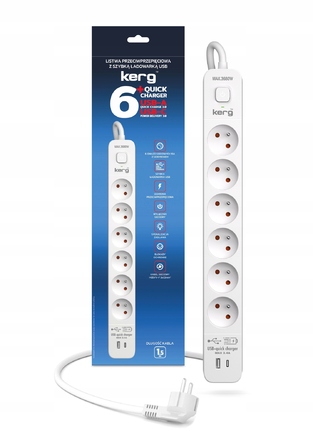 Мережевий фільтр KERG M02601: 6 розеток, 1.5 м, 16 А, USB-C та USB-A