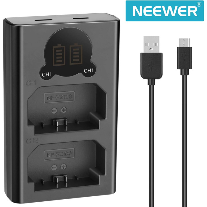 Зарядний пристрій NEEWER з двома USB роз'ємами, сумісний з акумуляторами Sony NP-FZ100 та камерами Sony ZV-E1, FX3, FX30, A1, A9 II, A7R V, A7S III, A7 IV, A6600, A7C. LCD дисплей, універсальні можливості заряджання DL-FZ100
