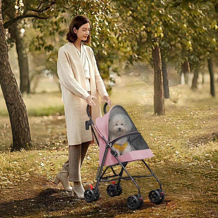 Візок для собак Homewell 2в1, прогулянковий візок для тварин з підсклянниками, переноска для собак, складаний, з гальмом та захистом від дощу, візок-джерсі для домашніх тварин (Рожевий)