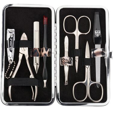 Набір для манікюру DREI SCHWERTER 'Sanremo' - Німецька якість | Преміум набір для манікюру в чорному еко-шкіряному етою | Містить: ножиці для нігтів, ножиці для кутикули, щипці для нігтів, пінцет, напільниковий баф з сапфіру та багато іншого!