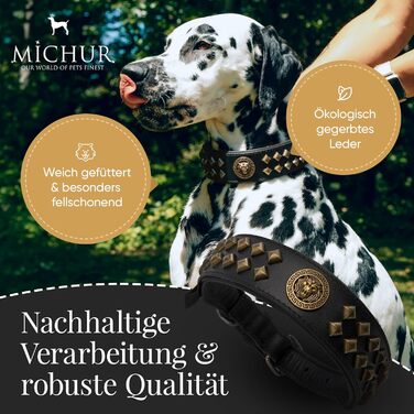Нашийник для собак MICHUR Diego з натуральної шкіри, з декоративним левовим головою та заклепками, розмір 61-68,5 см