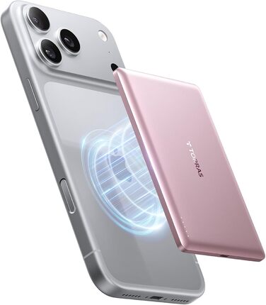 Powerbank TORRAS MiniMag Ultra Slim для iPhone 17 Pro Max: 5000mAh, MagSafe, USB-C, бездротова зарядка, сірий титан/рожевий