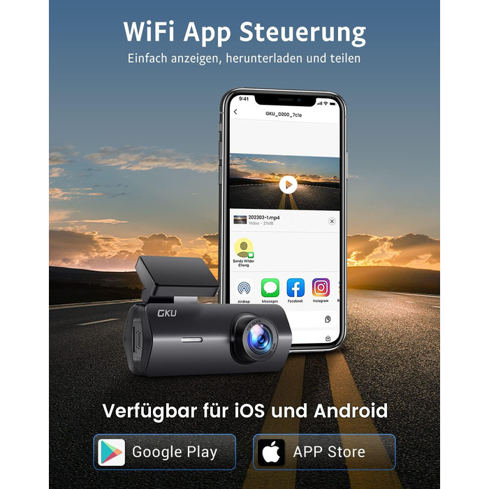 Відеореєстратор GKU Dashcam Auto: 2.5K, 1600P, WiFi, 170° Кут огляду, Mini, WDR, Нічне бачення, G-сенсор, Паркування, Loop, App, 256GB