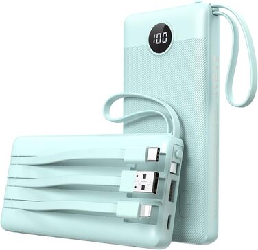 Портативний зарядний акумулятор Power Bank 10000mAh з LED дисплеєм та інтегрованими кабелями. Сумісний з iPhone, iPad, Samsung, Xiaomi, Google Pixel. Колір: блакитний