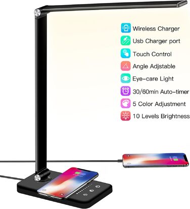 Настільна LED лампа BIENSER 20W з бездротовою зарядкою та USB-портом, 10 рівнів яскравості, 5 режимів світла, таймером та функцією пам'яті, чорна